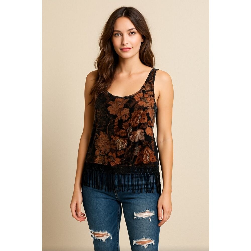 Womens Sz XL‎ Dark Romantic Black Floral Burnout Fringe Top J Jeans By Buffalo